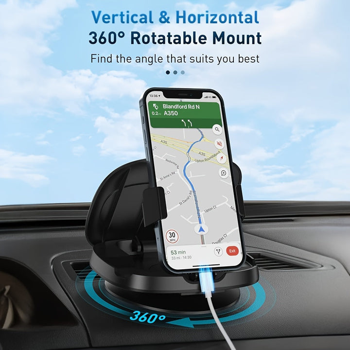 Soporte de coche con ventosa giratoria de 360° para teléfonos, Soporte de navegación para tablero con mecanismo de bloqueo
