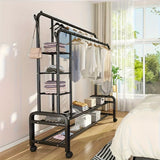 Perchero Metálico Rodante, Colgador de Doble Barra con 4 Ganchos Laterales y Estante Inferior de 2 Niveles, Ideal para Dormitorio u Oficina en Casa, Organizador de Armario Abierto con Ruedas, Secado de Ropa,