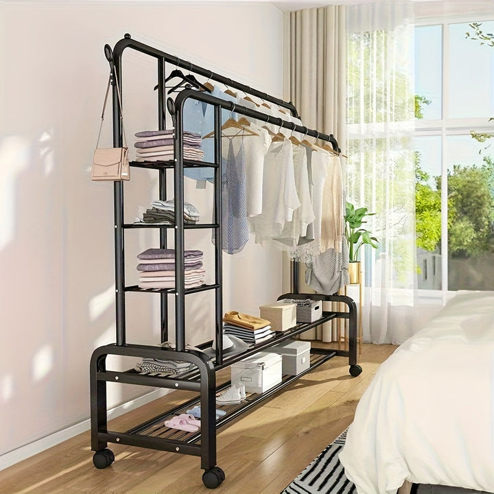 Perchero Metálico Rodante, Colgador de Doble Barra con 4 Ganchos Laterales y Estante Inferior de 2 Niveles, Ideal para Dormitorio u Oficina en Casa, Organizador de Armario Abierto con Ruedas, Secado de Ropa,