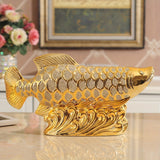 Figurilla de Cerámica de Arowana Dorada - Serie de Animales Alfabéticos, Decoración de Mesa Elegante para Sala de Estar, Oficina y Hogar, Ideal para Estantería y Gabinete de TV, Regalo Perfecto para Apertura de Negocios, Navidad y Día de Acción de Gracias