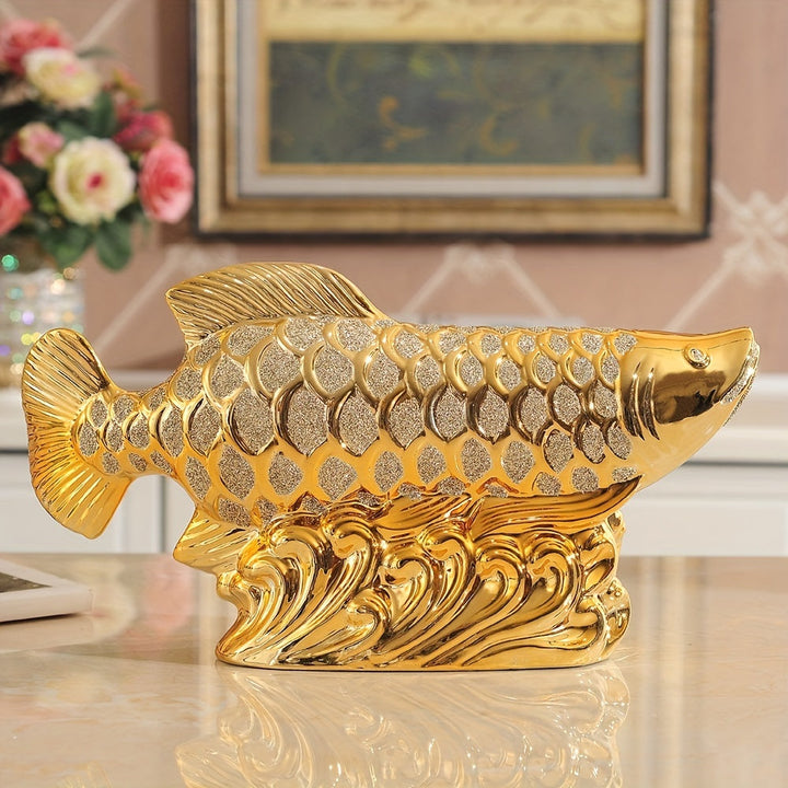 Figurilla de Cerámica de Arowana Dorada - Serie de Animales Alfabéticos, Decoración de Mesa Elegante para Sala de Estar, Oficina y Hogar, Ideal para Estantería y Gabinete de TV, Regalo Perfecto para Apertura de Negocios, Navidad y Día de Acción de Gracias