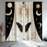 2 cortinas decorativas góticas con motivos de fases lunares, sol, estrellas y flores en negro y dorado