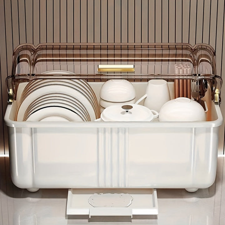 Gabinete de almacenamiento de platos y tazas de plástico para cocina, con estante de drenaje de platos y tazas a prueba de polvo, con tapa y ranura de almacenamiento de vajilla, gabinete multifuncional de almacenamiento de platos y tazas con placa de dre
