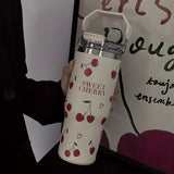 Térmico de acero inoxidable con forma de corazón y cereza, 33.44 oz, con popote y asa, reutilizable, ideal para viajes, gimnasio y actividades al aire libre, con dos bocas para beber, regalo perfecto para días festivos