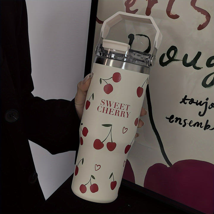 Térmico de acero inoxidable con forma de corazón y cereza, 33.44 oz, con popote y asa, reutilizable, ideal para viajes, gimnasio y actividades al aire libre, con dos bocas para beber, regalo perfecto para días festivos