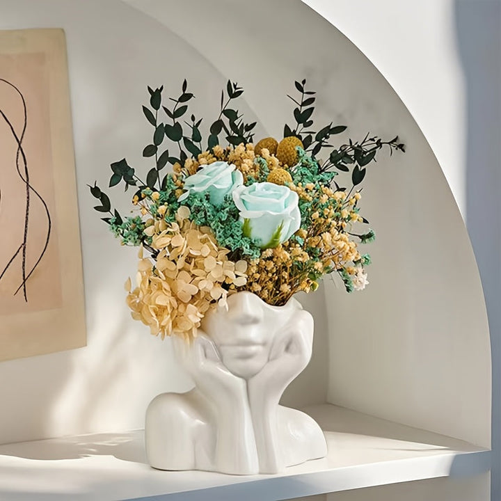 Florero con forma de rostro femenino, blanco, decorativo, moderno, para centro de mesa, estante, sala, oficina o dormitorio