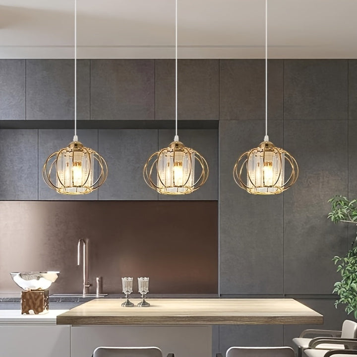 Lámpara de forma de calabaza dorada E27 - 3 cabezas, candelabro tradicional de metal con pantalla de vidrio, montaje semienterrado para entrada, baño, balcón, escalera y comedor - No incluye bombilla, iluminación festiva, iluminación elegante, construcci