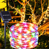 [1 Hilo de luces solares de 8 modos] AMILL Luces de cadena LED con energía solar, multicolor, 8 modos de iluminación, material plástico de alto índice, acabado de metal pulido, resistente al agua IPX4, con para bodas al aire libre, patio, jardín, camping