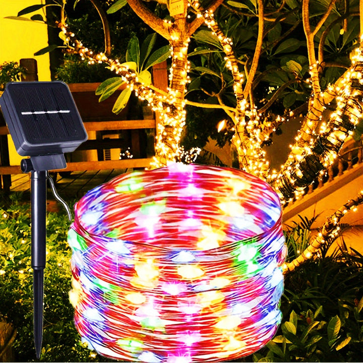 [1 Hilo de luces solares de 8 modos] AMILL Luces de cadena LED con energía solar, multicolor, 8 modos de iluminación, material plástico de alto índice, acabado de metal pulido, resistente al agua IPX4, con para bodas al aire libre, patio, jardín, camping