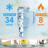 Térmico de acero inoxidable con incrustaciones de perlas, 40 oz, con asa y popote, gran capacidad, reutilizable, solo lavado a mano, ideal para el auto, viajes y días festivos