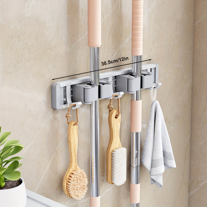 Organizador de pared para escobas y trapeadores, 1 estante metálico con ganchos ajustables, ahorrador de espacio, ideal para baño, cocina, jardín, lavandería o garaje - Acabado lacado, soporte para herramientas y estantes