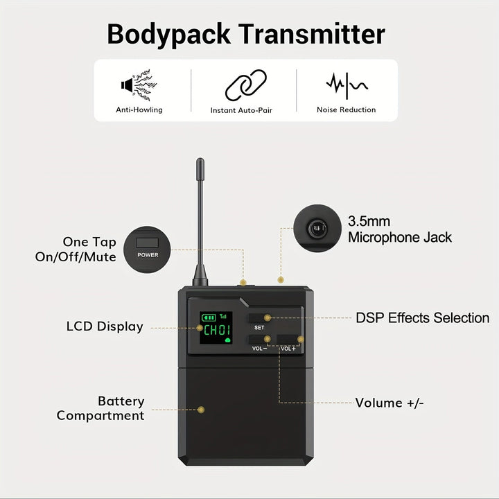 Sistema de micrófonos inalámbricos doble con receptor recargable, entrada de 3.5mm, control de volumen y clip para smartphones, bocinas PA, grabación, enseñanza, iglesia y vlogging - Negro, micrófono inalámbrico para cantar