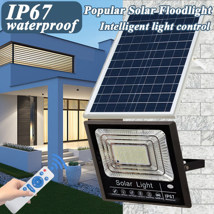 1pc Faro de inundación solar con control remoto, iluminación LED exterior regulable, ABS y vidrio, montaje semi empotrado, acabado pulido, impermeable, sensor de infrarrojos, alimentado por energía solar con batería de litio, panel fotovoltaico no extraí