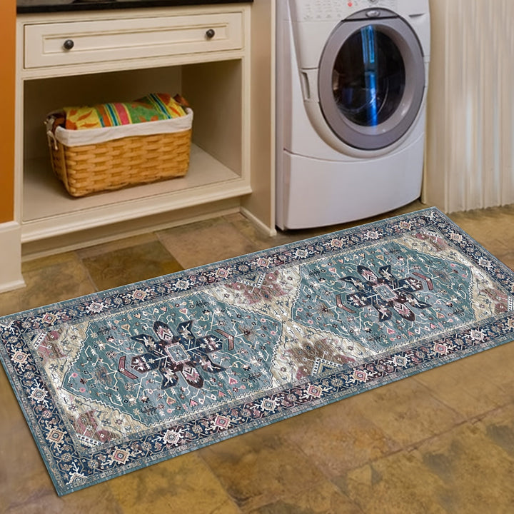 Alfombra Elegante Larga Antideslizante Lavable - Diseño Geométrico Moderno en Azul, Beige y Marrón, Ideal para Pasillos, Escaleras y Decoración de Corredores de Hoteles, Alfombra Personalizable, Material de Poliéster Lavable a Máquina