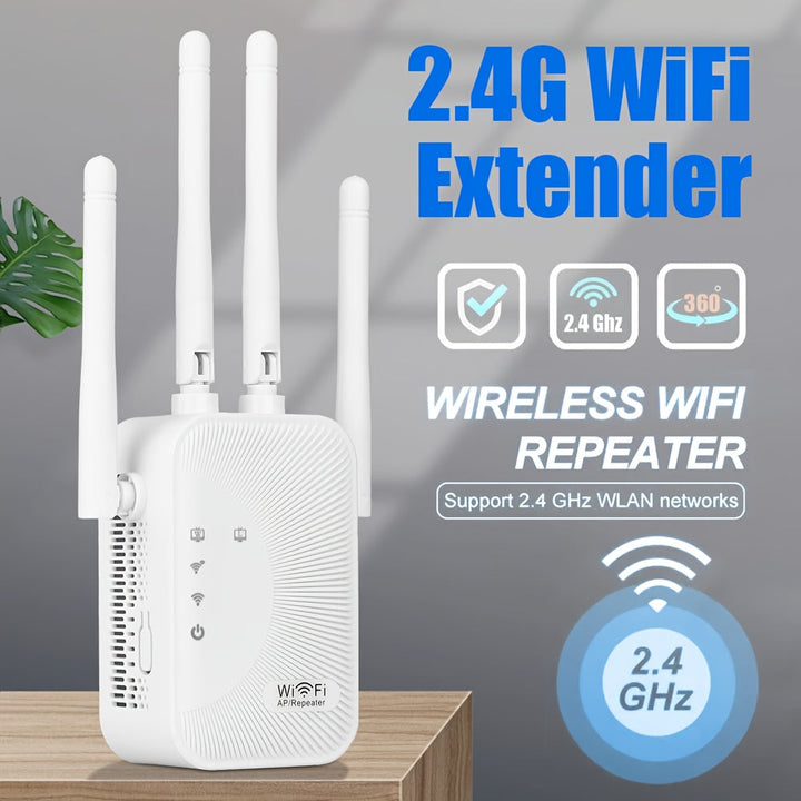 Amplificador de señal de WiFi, compatible con WIFI6, equipado con puerto Ethernet, con 4 antenas para cobertura de 360°, alcanzable hasta 11,000 pies cuadrados, adecuado para dispositivos de más de 35 pies cuadrados, haz clic para configurar el repetidor