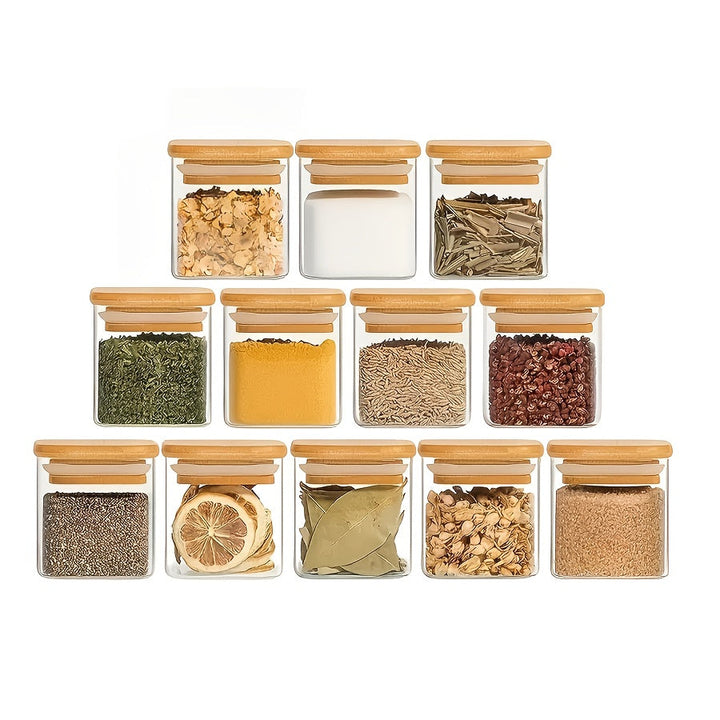 Juego de 12 frascos de vidrio con tapas de madera, contenedores de especias con tapas de sellado de madera, contenedores de almacenamiento de alimentos, adecuados para la cocina del hogar, té, hierbas, azúcar, sal, café, harina, granos, etc.