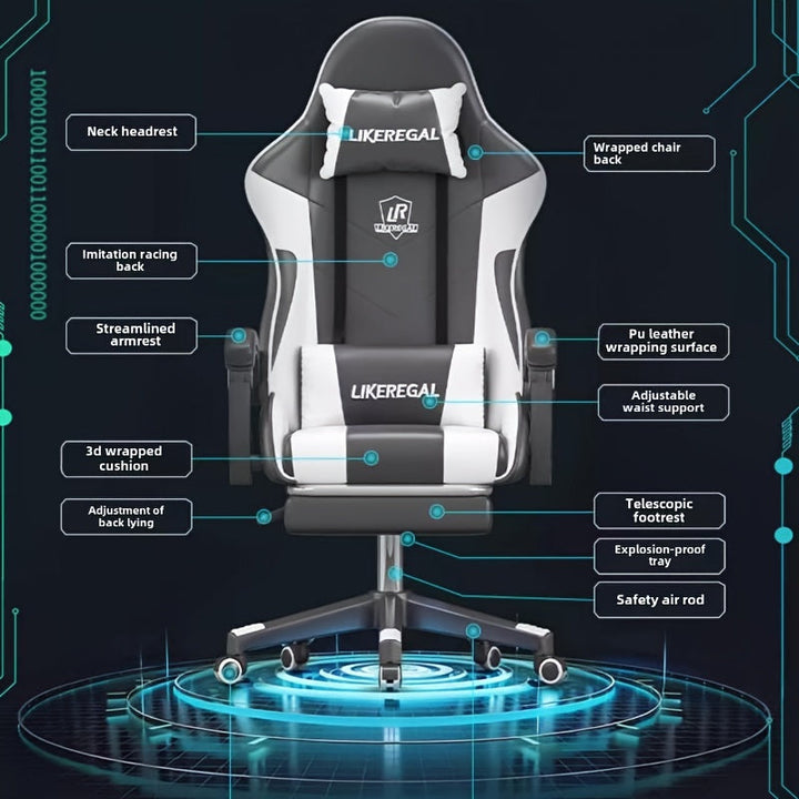 1pc Silla de Juego Ergonómica con Altura Ajustable - Negro y Blanco, Silla de Oficina de Nylon Cómoda con Cojín Grueso, Soporte Lumbar, Función de Reclinación y Ruedas para Movimiento Fácil - Ideal para Uso en Casa y Oficina