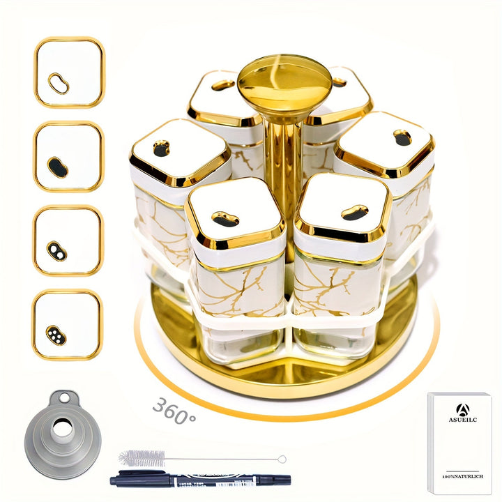 Estante giratorio de especias con 6 frascos de especias: Ahorra espacio y conveniencia - Organizador de cocina - Incluye 6 frascos de especias etiquetados, Estante giratorio de especias/Organizador de especias/Organizador de especias, Acero inoxidable