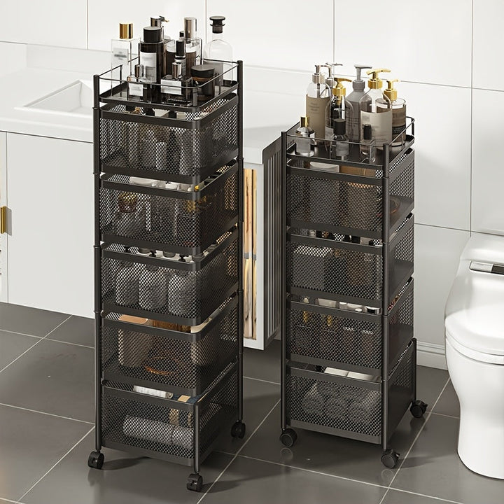 Estante metálico de 4 niveles con canastas giratorias, organizador portátil y ahorrador de espacio para cocina, baño o sala, negro, multifuncional con ruedas, estante para sala | Estante metálico moderno | Estante de malla metálica, estante de pie