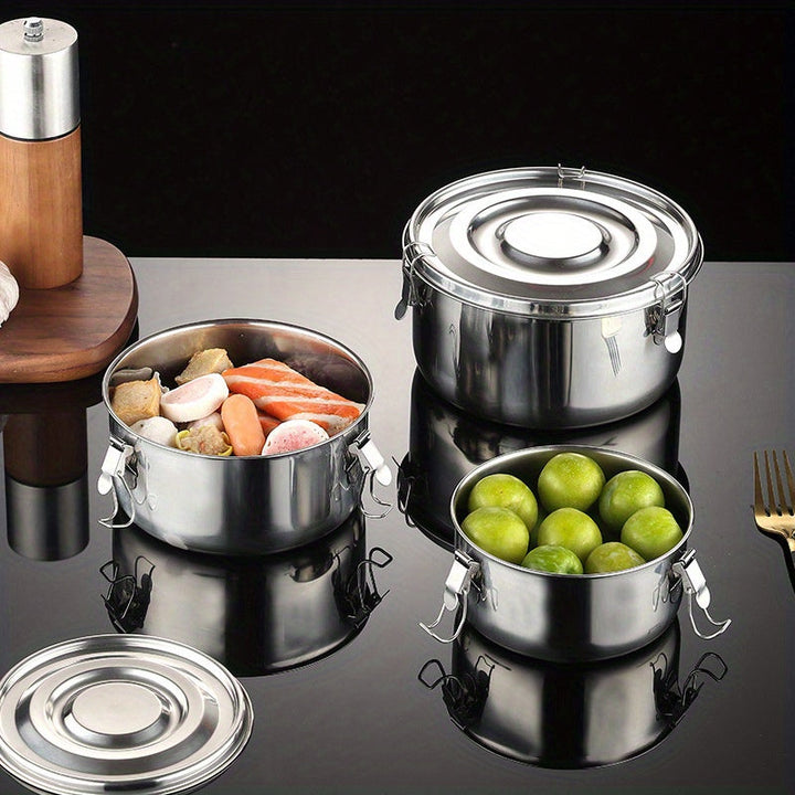 Juego de 3 contenedores de almacenamiento de alimentos de acero inoxidable que son herméticos, impermeables y resistentes a los olores - Ideales para uso en la cocina y viajes.