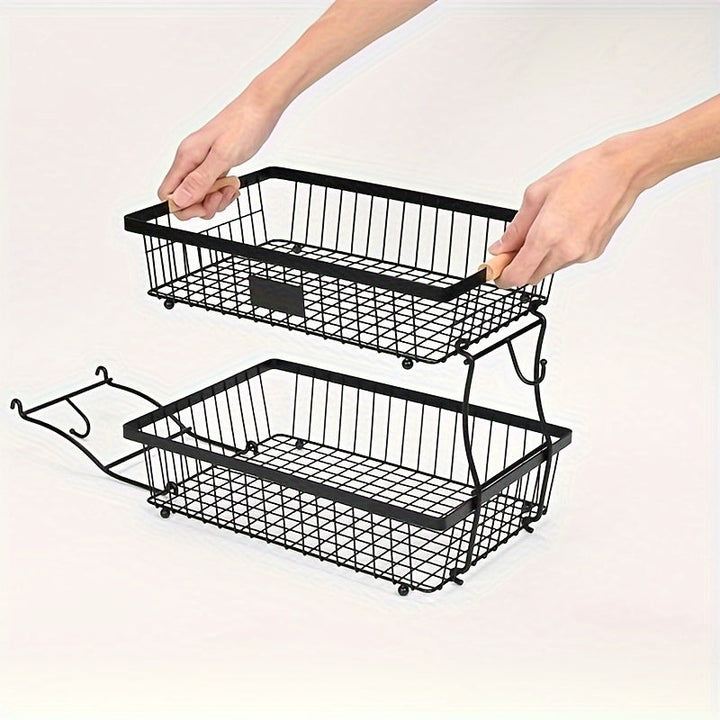 Cesta de frutas de 2 niveles con ganchos para plátanos - Estante de almacenamiento de alambre negro duradero para encimera de cocina, perfecto para frutas, verduras, snacks, café, cuidado de la piel y toallas, solución de almacenamiento de cocina | Acces