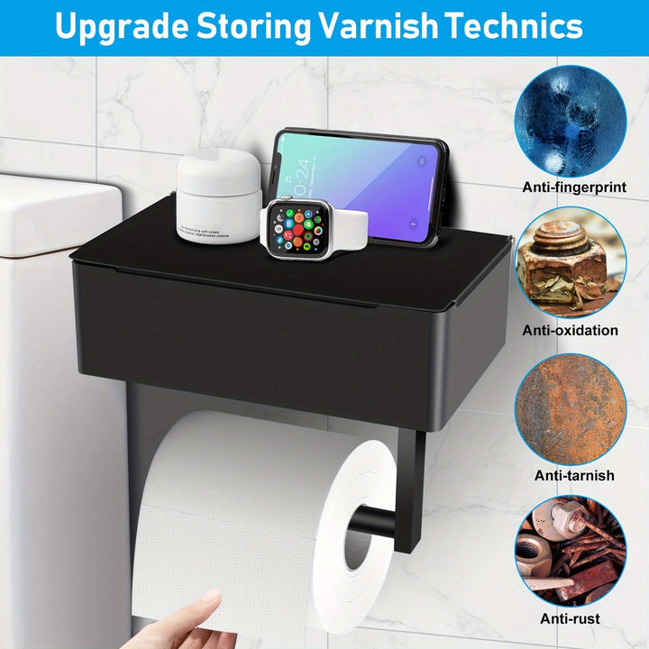 Soporte de Papel Higiénico de Acero Inoxidable con Estante y Dispensador de Toallitas - Montado en la Pared, Acabado Mate Negro para la Organización del Baño