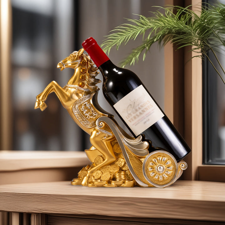 Elegante soporte de vino de caballo dorado - Decoración lujosa de resina para sala de estar, estante de TV o armario de vino | Ideal para decoración del hogar y regalos de inauguración, decoración de vino