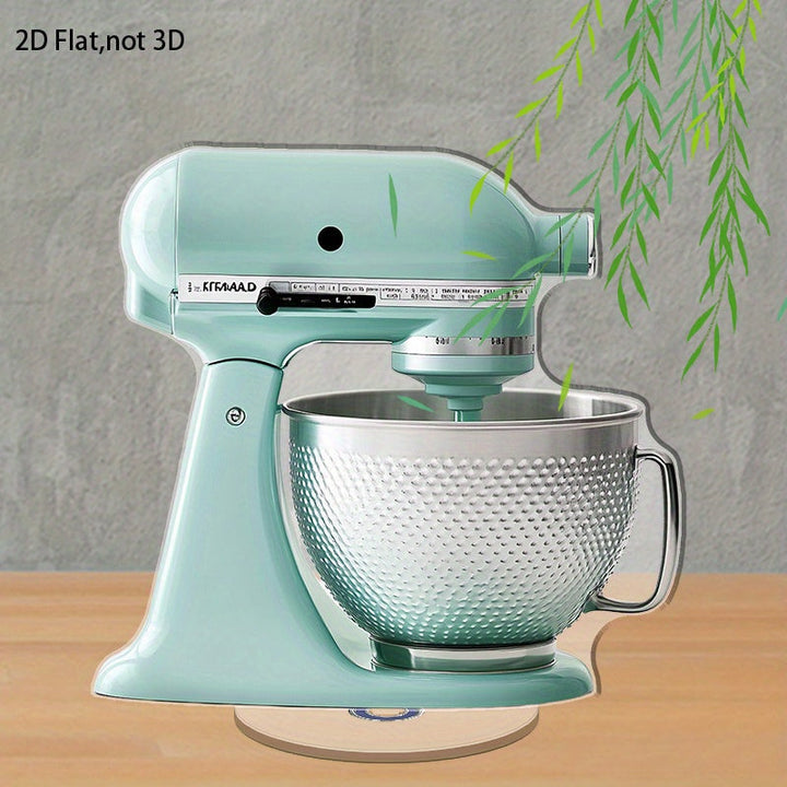 Mixer de pie de 2D plano de color turquesa con mango y tazón rayado - Placa de exhibición de acrílico 2D, soporte giratorio con base, decoración interior/exterior, mixer para cocina