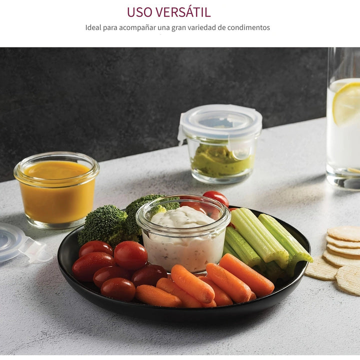 6 paquetes de recipientes de vidrio para almacenamiento de alimentos con tapas abatibles - Recipientes redondos multiusos y reutilizables - Sellado a prueba de fugas para refrigerios y salsas - Apto para microondas, congelador y lavavajillas