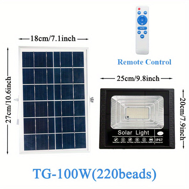 1pc Faro de inundación solar con control remoto, iluminación LED exterior regulable, ABS y vidrio, montaje semi empotrado, acabado pulido, impermeable, sensor de infrarrojos, alimentado por energía solar con batería de litio, panel fotovoltaico no extraí