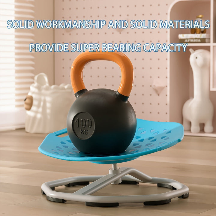 1 silla giratoria de sensaciones para jóvenes - Asiento redondo azul y gris con base metálica antideslizante, mejora la coordinación física, ideal para niños, no requiere electricidad, construcción metálica y plástica.