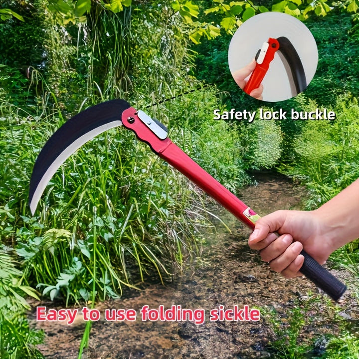 Guadaña Plegable de Acero al Manganeso Resistente - Cortacésped Manual con Mango Ergonómico Rojo/, Diseño Plegable para Jardines, Céspedes y Granjas - Sin Necesidad de Electricidad, Herramienta de Corte Eficiente, Hoja Metálica Robusta