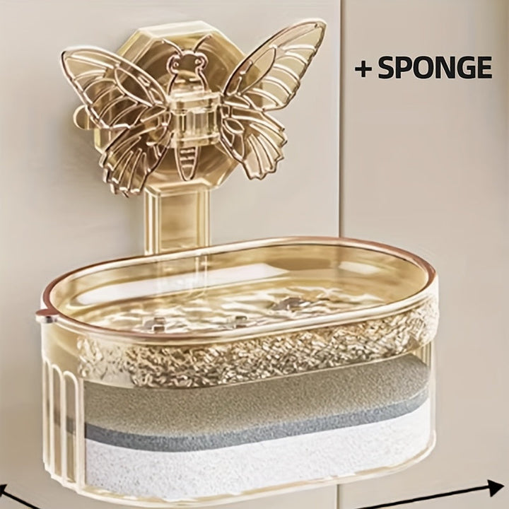 Conjunto de 2 hermosas mariposas jaboneras, caja de drenaje de doble capa con esponja, sin perforaciones ni marcas para montaje en pared, adecuado para baño y cocina, regalo de San Valentín, estantes