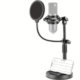 Soporte de micrófono de escritorio negro de ABS con soporte para teléfono, base pesada, filtro popular, amortiguador de choques, abrazadera de micrófono - Ideal para estudio de grabación en casa, configuración de grabación en casa | Soporte de micrófono