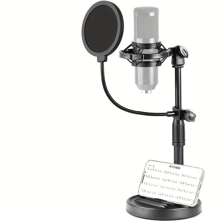 Soporte de micrófono de escritorio negro de ABS con soporte para teléfono, base pesada, filtro popular, amortiguador de choques, abrazadera de micrófono - Ideal para estudio de grabación en casa, configuración de grabación en casa | Soporte de micrófono