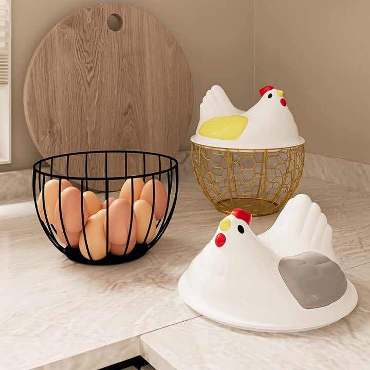 Canasta de Almacenamiento de Huevos en Forma de Gallina Moderna con Tapa de Malla Dorada - Organizador Doble Uso para Encimera, Guarda Huevos y Objetos Pequeños, Diseño Blanco y Rosa