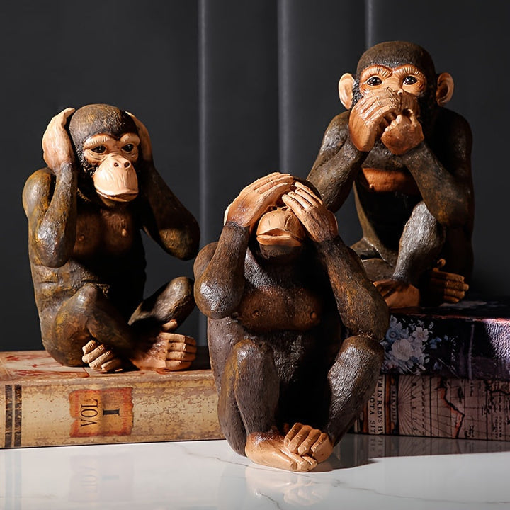 Juego de 3 figuras realistas de chimpancé, estatuas decorativas de resina para interior y exterior