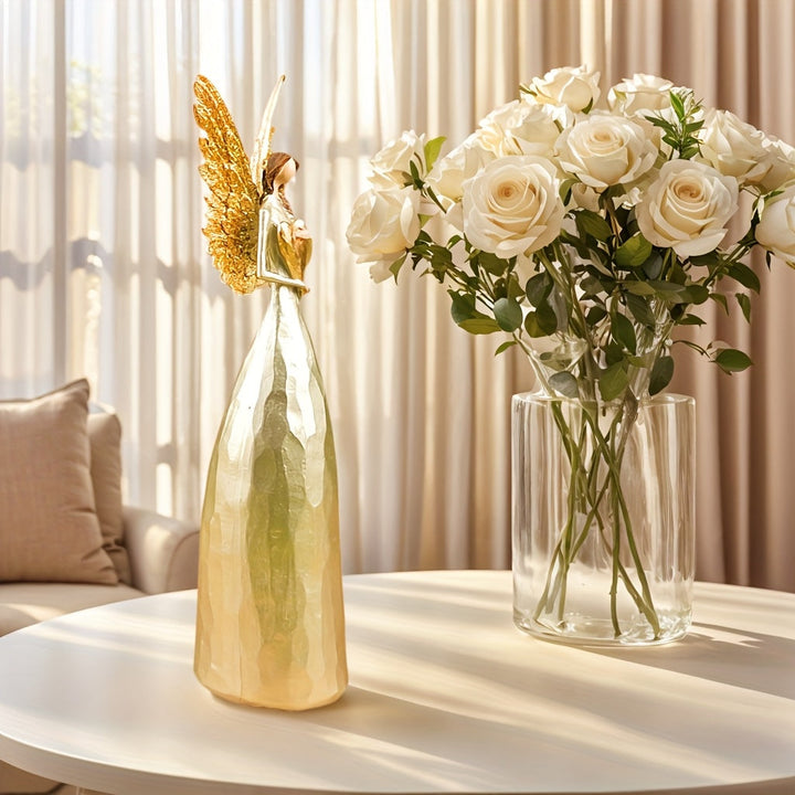 Escultura de ángel nórdico artesanal con alas doradas - Figurita de resina elegante para decoración interior/exterior, regalo perfecto para cumpleaños, Navidad, Acción de Gracias para padres y amigos, decoración de ángeles.