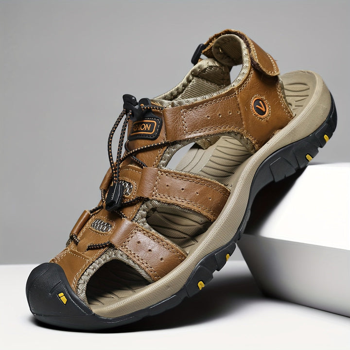 Sandalias de verano para hombre - Suela de goma ligera, antideslizante y duradera, parte superior de cuero auténtico transpirable, correas ajustables con gancho y bucle, zapatos de senderismo casuales para comodidad en todas las estaciones, sandalias de