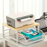 Estante de microondas para cocina negro/ blanco con cajón - Estructura sólida de madera y metal, organizador de encimera que ahorra espacio para electrodomésticos, utensilios y tazas - No requiere electricidad, diseño elegante, construcción duradera