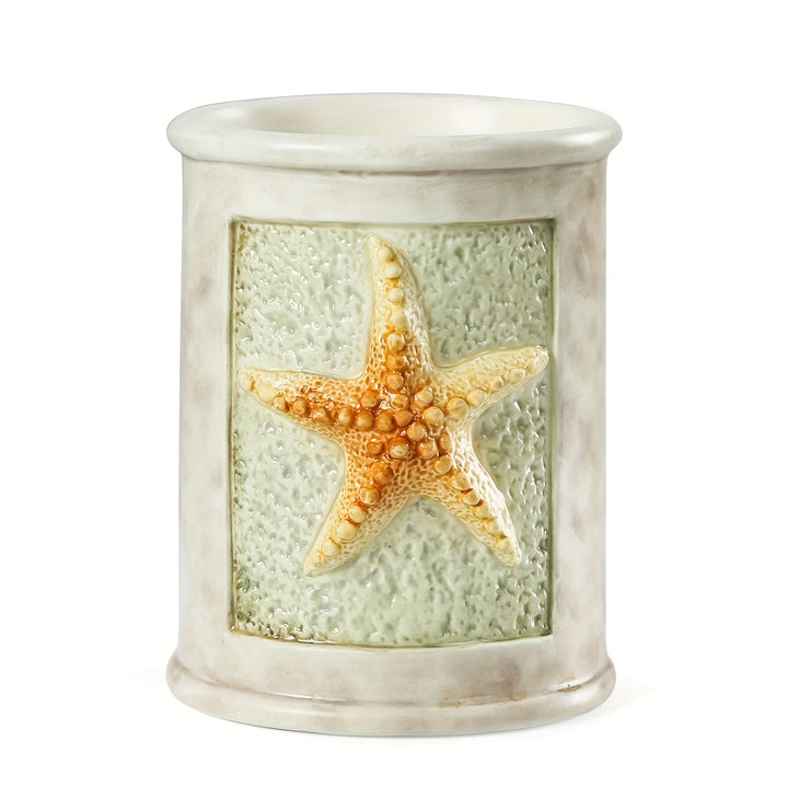 Conjunto de accesorios de baño de cerámica con conchas marinas de 4 piezas, 1 tazas para gargajeo, 1 soportes para cepillos de dientes, 1 platos para jabón, 1 dispensador de jabón (esmalte mate)