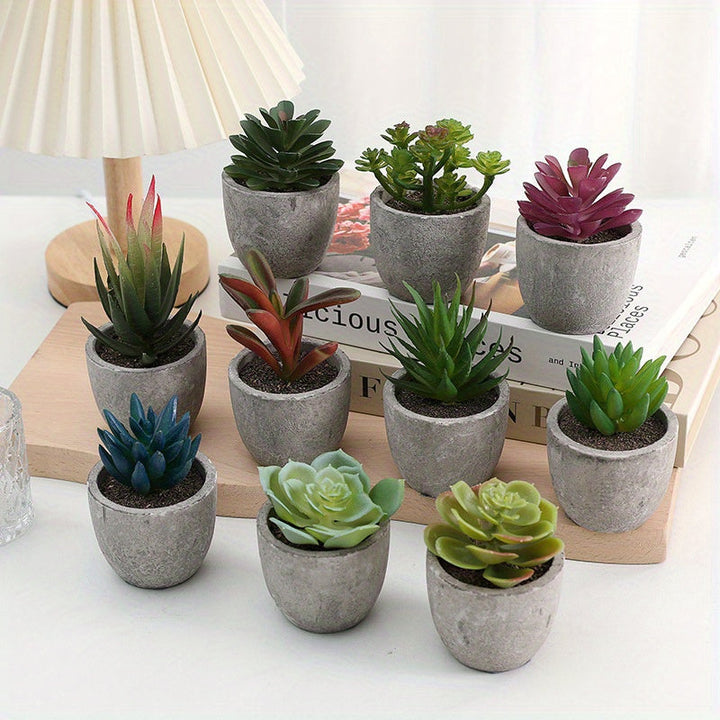 Juego de 10 Mini Suculentas Artificiales - Plantas Falsas de Plástico Modernas en Macetas de Concreto Gris para Decoración del Hogar, Jardín, Acuario y Bonsái