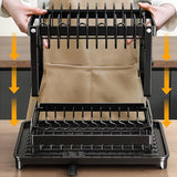 Estante de platos de metal de 2 niveles mejorado con soporte para cuchillos y almacenamiento de utensilios, sistema de drenaje elegante para tazones y platos para encimera de cocina - Sistema de drenaje rotativo