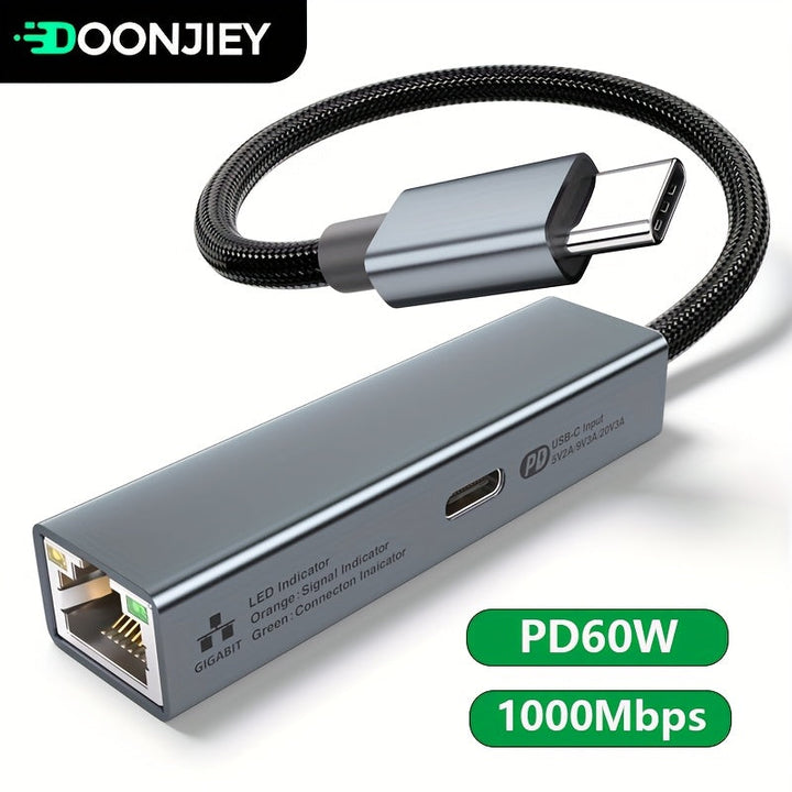 Adaptador USB C a Ethernet con Puerto de Carga [60W], Thunderbolt 3 y LAN Gigabit (1000Mbps) - Compatible con MacBook Pro/Air, iPhone 15, iPad, Dell XPS, Chromebook, Google TV, Conexión Versátil, Acabado Metálico Elegante, Diseño Compacto, Alta Velocidad