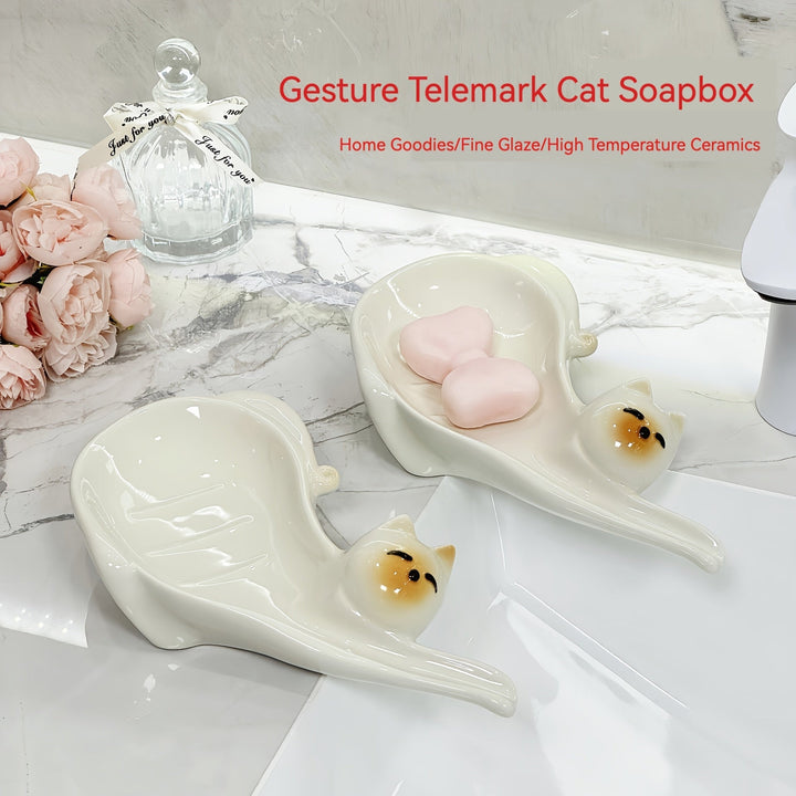 Adorable jabonera de cerámica con forma de gato, ideal para baños y cocinas. Fácil de limpiar, mantiene los jabones secos. Regalo perfecto para Halloween, Navidad, Pascua y más