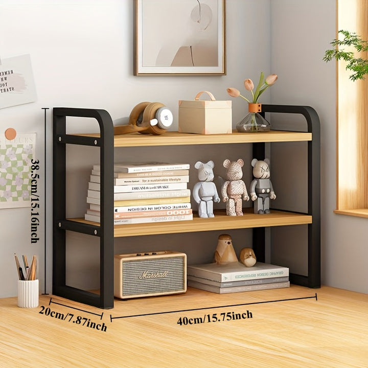 1pc Estantería Ajustable de Doble Capa Negra con Tablero de Nuez de Luz Artificial, Madera Dura Artificial, Almacenamiento de Múltiples Capas para Hogar, Cocina, Escritorio, Comedor, Sala de Estar, Oficina, Dormitorio - Requiere Ensamblaje