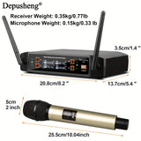 Sistema de micrófono inalámbrico DEPUSHENG, kit de micrófono portátil de 4 canales, con recepción de doble canal, control de volumen, patrón polar unidireccional, conector de 6,35 mm, enchufe estadounidense, fuente de alimentación 110-130V, para escenari