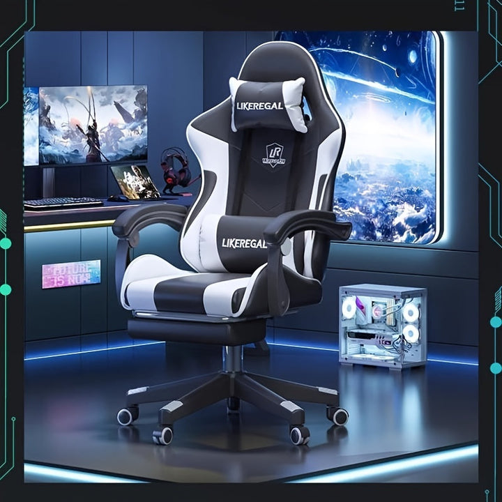 1pc Silla de Juego Ergonómica con Altura Ajustable - Negro y Blanco, Silla de Oficina de Nylon Cómoda con Cojín Grueso, Soporte Lumbar, Función de Reclinación y Ruedas para Movimiento Fácil - Ideal para Uso en Casa y Oficina