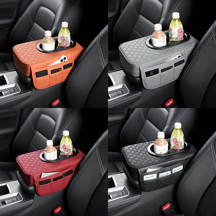 1pc Funda para Apoyabrazos de Coche con 2 Bolsillos Laterales y 2 Portavasos, Diseño de Patrón de Diamante Acolchado, Protector Interior de Vehículo para Teléfono, Botella, Tarjetas - Se Adapta a la Mayoría de Coches, SUVs, Camiones