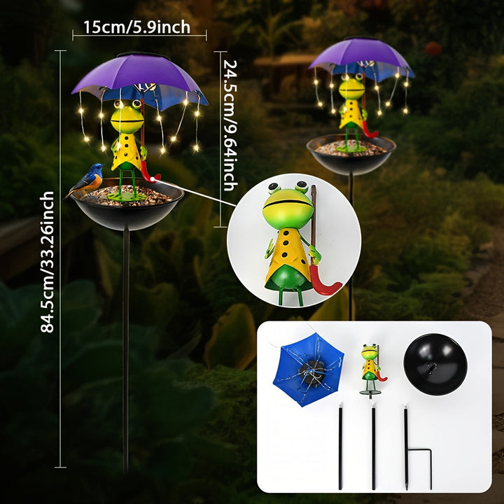 Comedero para pájaros con forma de rana solar y luz LED, decoración para jardines, caminos y patios. Apto para uso exterior